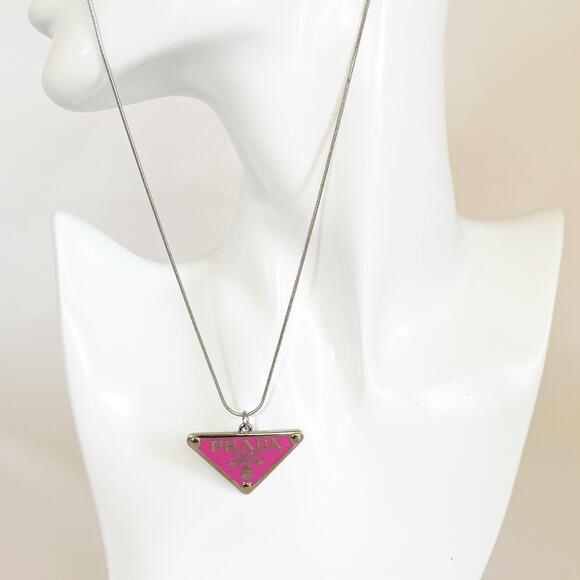 PRADA Triangle Logo Pink Silver Pendant Stamped Necklace Charm Snake Chain - Picture 3 of 12